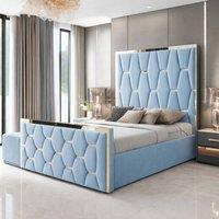 PARADISE BEDS LTD Upholstered Modern Platform Bed Frame With Mirror Designed Headboard in Light Blue | Size: Double