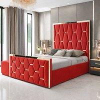 PARADISE BEDS LTD Upholstered Modern Platform Bed Frame With Mirror Designed Headboard in Red | Size: Double