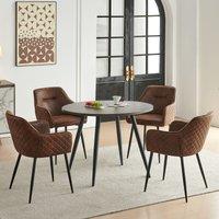 SONARA Dark Walnut Round Dining Table with 4 Faux Suede Dining Chairs Set in Brown