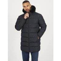 Brave Soul Men's Longline Padded Jacket With Faux Fur Trim Hood in Black | Size: Medium
