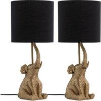 First Choice Lighting Set of 2 Elephant - Gold Resin Table Lamps With Black Fabric Shades