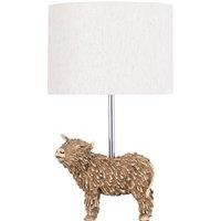 First Choice Lighting Angus - Highland Cow Table Lamp With Oatmeal Linen Shade in Cream