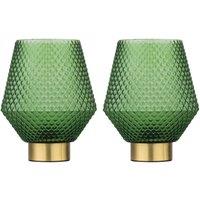 First Choice Lighting Set of 2 Porter - Battery Operate Satin Brass Lamps Green Tex Glass in Gold
