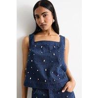 Warehouse Women's Hotfix Embellished Denim Square Neck Top in Indigo | Size: 12