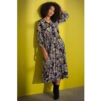 Klass. Women's Printed Blouson Sleeve Midi Dress in Black | Size: 14