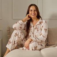 OHS Women's Bows Button Through Long Sleeve Pyjama Set Loungewear in Cream | Size: S/M