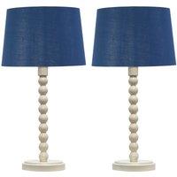 First Choice Lighting Set of 2 Bobbin - Ivory Lamps with Navy & Silver Shades in White