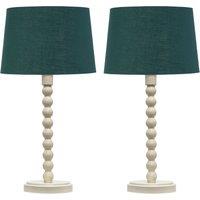 First Choice Lighting Set of 2 Bobbin - Ivory Lamps with Dark Green & Gold Shades in White