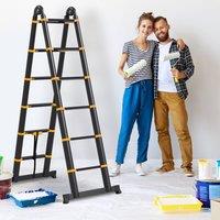 HOMCOM 3.8M Duo Aluminium Ladder with Tool Holder Herringbone Deployed in Yellow