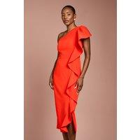Coast Women's One Shoulder Ruffle Crepe Pencil Midi Dress in Flame Red | Size: 18