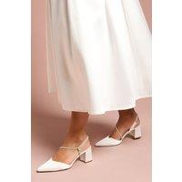 Coast Women's Wide Fit Bridal Deyla Satin Diamante Asymmetric Strap High Block Heel Court Shoes in White | Size: 4