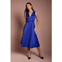 Coast Women's V Neck Structured Satin Belted Midi Dress in Cobalt | Size: 8