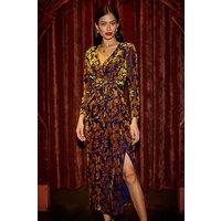 Yumi Women's Multi-Coloured Velour Stretch Midi Dress With Long Sleeves | Size: 10