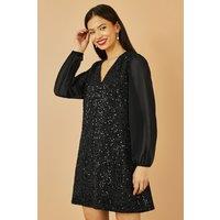 Yumi Women's Black Sequin Tunic With Tie Back & Sheer Sleeves | Size: 10