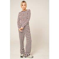 Femme Luxe Women's Contrast Striped Molly Button Top & Wide Leg Trousers in Brown | Size: 10-12