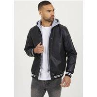 Brave Soul Men's Jersey Hooded Varsity Style PU Jacket in Black | Size: Medium