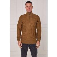 ELAINA FASHION Men's Half Zip Cable Knit Textured Jumper in Brown | Size: Medium