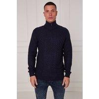 ELAINA FASHION Men's Half Zip Cable Knit Textured Jumper in Dark Navy | Size: Medium