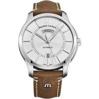 Maurice Lacroix Men's 'Pontos' Silver Dial Leather Strap Automatic Watch in Brown