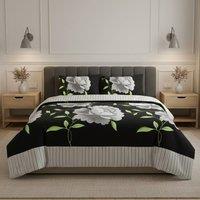 Snug City Reversible Floral Duvet Set Elegant Flower Stripe Pattern Bedding in Black | Size: Single