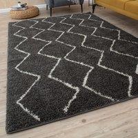 THE RUGS Moroccan Soft High Pile Shaggy Zigzag Rugs & Runners Living Room in Dark Grey | Size: 60 cm x 110 cm