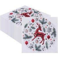 Neel Blue 33cm Red Reindeer & Pine Leaves White Paper Napkins - 20pcs