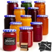 volila 12 Pack Round Jam Jars with with Labels & Pen - 350ml in Blue