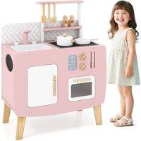 Costway Kids Play Kitchen Wooden Kitchen Playset w/Stoves, Sink, Faucet & Oven in Pink