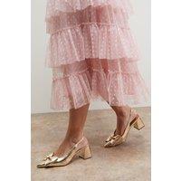 Oasis Women's Seala Metallic Faux Leather Bow Slingback Medium Block Heel Court Shoes in Gold | Size: 3