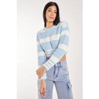 Pink Vanilla Women's Fluffy Cropped jumper in Blue | Size: Medium/Large