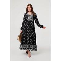 Izabel London Women's Printed Long Sleeve Smocked Maxi Dress in Black | Size: 10