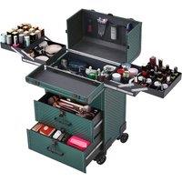 Living and Home 3 in 1 Rolling Cosmetic Train Case Trolley Case for Hairdressing Beauty in Dark Green