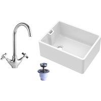 Balterley Single Bowl Fireclay Belfast Sink Basket Strainer Waste Tap 595mm in White