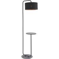 Loops Satin Black Floor Lamp with Side Table - 1750mm Height - 38cm Black Fabric Shade