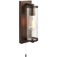 Loops Dark Bronze Bathroom Wall Light & Ribbed Cylinder Glass Shade IP44 Rated Fitting in Clear