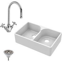 Balterley Fireclay 2 Bowl Stepped Weir Butler Sink Mono Sink Mixer Waste 795mm in White