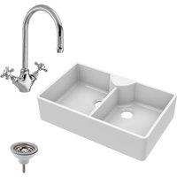 Balterley Fireclay 2 Bowl Stepped Weir Butler Sink Mono Sink Mixer Waste 895mm in White