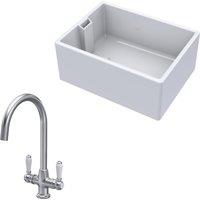 Balterley Fireclay 1 Bowl Belfast Sink Handle Tap Brushed Nickel 615mm in White