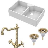 Balterley Fireclay 2 Bowl Butler Sink 2 x Wastes Tap 895mm in White