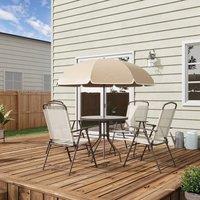 OUTSUNNY 6 Piece Patio Dining Set with Garden Umbrella 4 Folding Chairs in Beige
