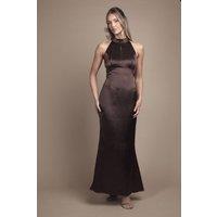 Coast Women's Satin Halter Neck Key Hole Detail Maxi Bridesmaid Dress in Chocolate | Size: 14