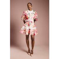 Coast Women's Lace Trim Collared Printed Organza Mini Dress in Ivory | Size: 12