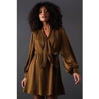Warehouse Women's Satin Tie Neck Flippy Mini Dress in Olive | Size: 8