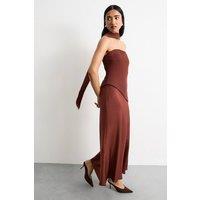 Warehouse Women's Strapless Structured Bodice Satin Midi Dress in Chocolate | Size: 10