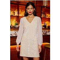 Yumi Women's White Sequin Tunic With Tie Back & Sheer Sleeves | Size: 16
