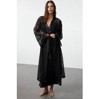 WOVCOR Women's Women's Lace Dressing Gown with Satin Trim & Belt in Black | Size: Medium