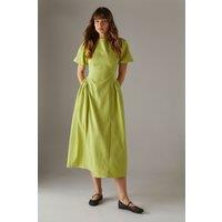 Warehouse Women's Seersucker Organza Godet Side Puff Sleeve Midi Dress in Chartreuse | Size: 8