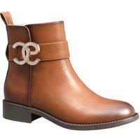 IVACHY Women's Crystal Diamond Buckle Fur Lining Interior Zip Closure Flat Ankle Boots in Camel | Size: 5