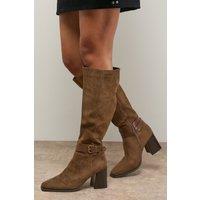 Oasis Women's Tabitha Faux Suede Buckle Detail Square Toe High Block Heel Boot in Taupe | Size: 7