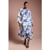 Coast Women's Printed Satin Jacquard Volume Dress in Navy | Size: 8